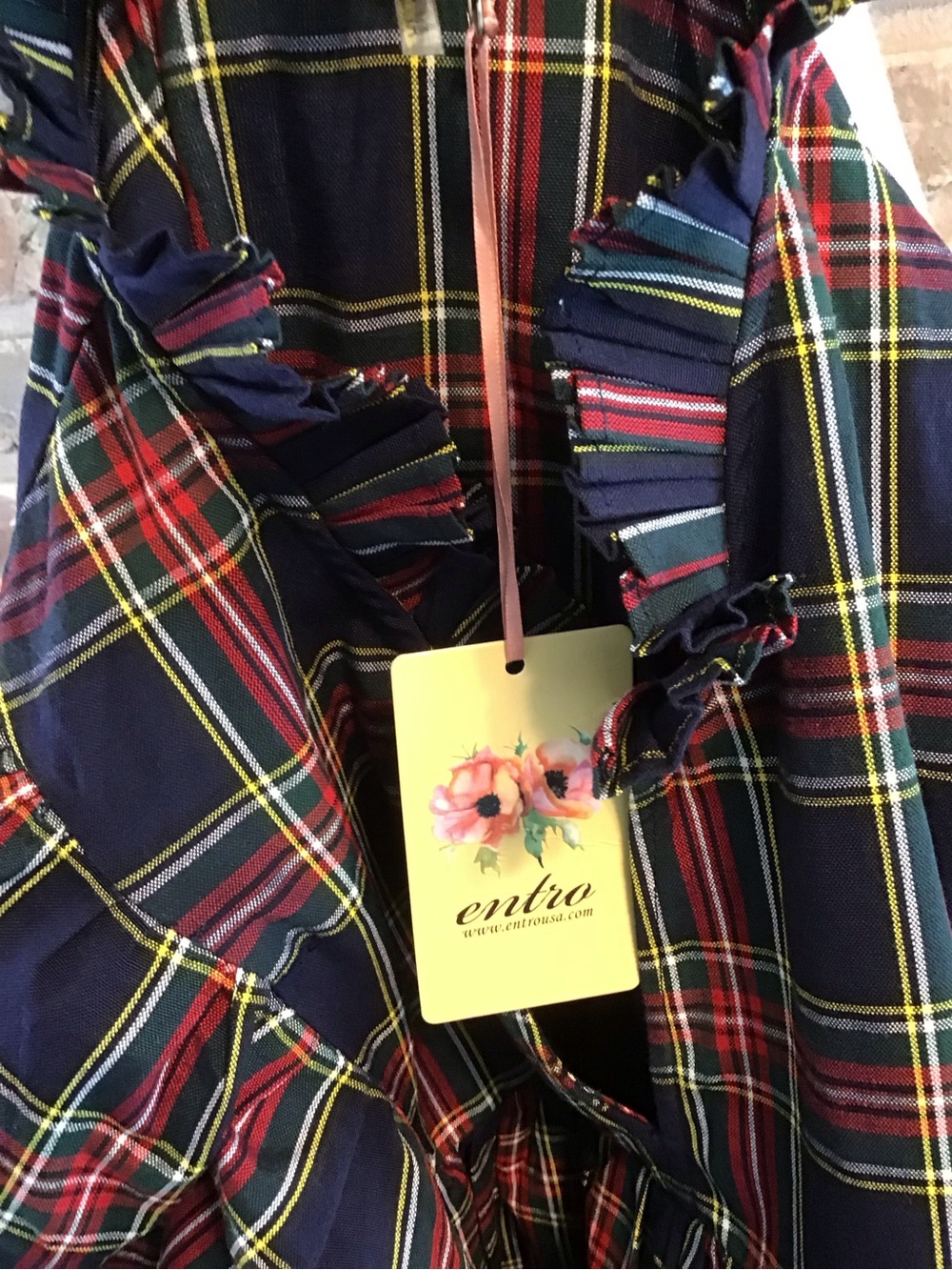 ENTRO Women's Navy Plaid Tartan Puff Sleeves Ruffle V-neck Mini Dress L NEW - Picture 7 of 8